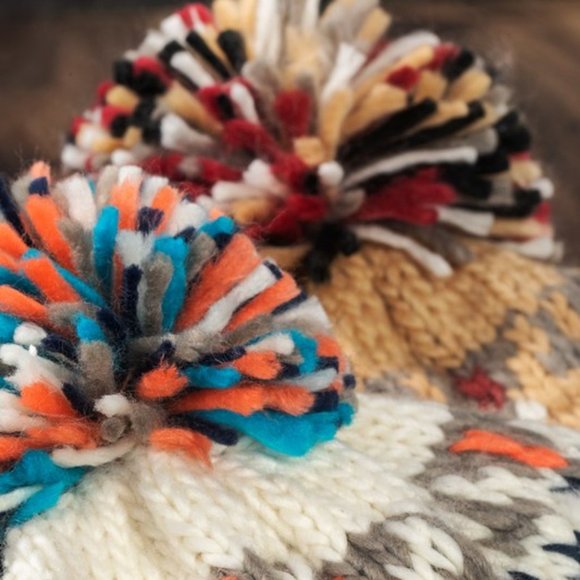 🆕 Cream / Mustard Multicolor Knit Beanie with Cute Multicolor Pom-Pom 🆕 - Picture 6 of 7